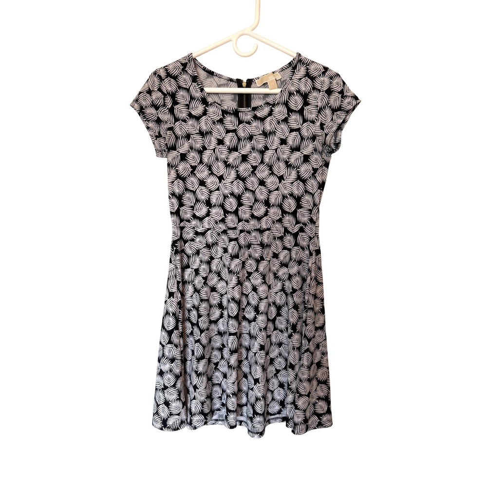 Michael Kors Palm Leaf Print Jersey Fit Flare Dress Black White Petite Small